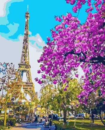 Paris Eiffel Tower with blossoms in Spring | 35easy Paint By Number